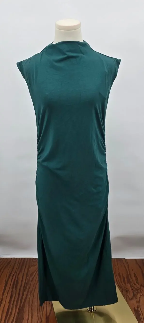 A New Day Teal Green Midi Dress Small‎ Mock Neck Sleeveless Ruched Minimalist